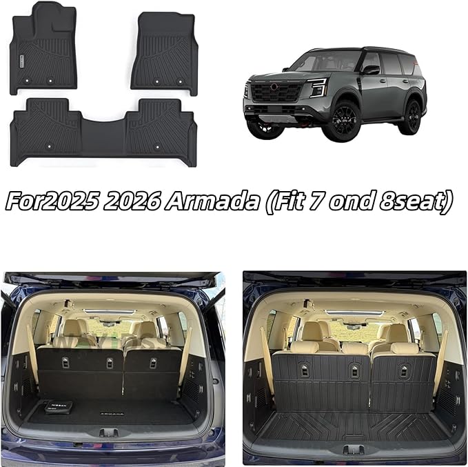 Floor Mats for 2025 2026 Nissan Armada & Infiniti QX80(Fit 7 and 8seat) with Trunk Mat 8PC TPE All-Weather Set - Custom Fit Non-Slip Floor+Cargo Liners Accessories