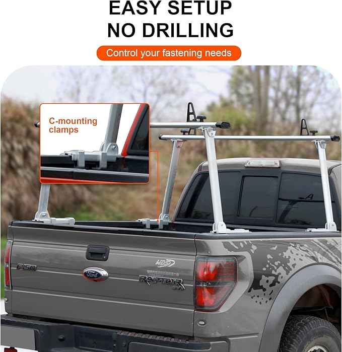 Rockland Adjustable Universal Aluminum Truck Ladder Rack, 800 LBS Capacity, 13.7" x 66.5" x 28", 45"-66" Adjustable Truck Bed Width, Extendable Truck Ladder Rack with Non Drilling C-Clamps