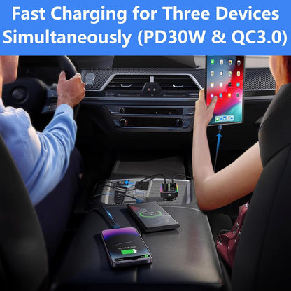 Bluetooth FM Transmitter for Car - Bluetooth Car Adapter with Type-C PD(30W) Charger, Dual QC3.0 USB Port, Aux Port - Support Handsfree Calling, 7 Colors Backlight, U Disk, MP3 Player