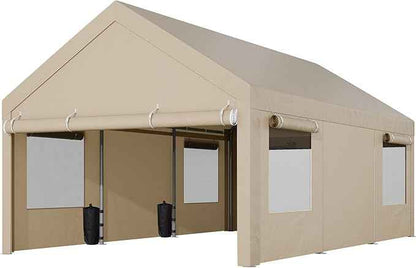 Shintenchi Portable Garage Canopy,12x20 FT Heavy-Duty Design Carport,Carport Canopy with Side-Opening Removable Door & Roll-Up Window,Portable Car Port for Car, Truck, Boat,Khaki