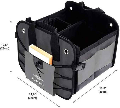 Compact Car Trunk Organizer 2-Section – Grocery, Tools, Cleaning Supplies Storage – Foldable Dual-Compartment Cargo Bin with Cover Net – Gray