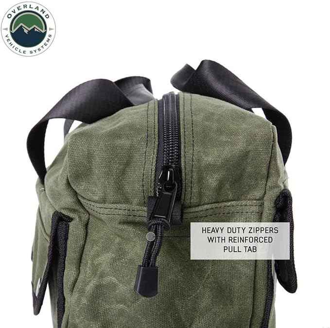 Overland Vehicle Systems Small Duffle Bag With Handle And Straps - #16 Waxed Canvas - Infused with Paraffin Wax Waterproofing - Tear Resistant Fabric