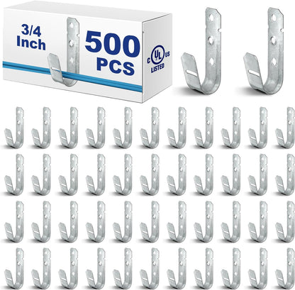 Gisafai 500 Pcs Cable Support J-Hook, 3/4 Inch Metal Garage Hooks for Hanging, Heavy Duty Network for Cable and Wire Management Wall Attaching J Utility, G60 Galvanized Steel, Silver