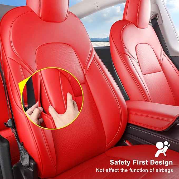 Tesla Model Y Car Seat Covers Nappa Leather Car Interior Seat Airbag Compatible Cushion Cover Full Set Custom Fit 2024 2023 2022 2021 2020, Nappa Bright Red
