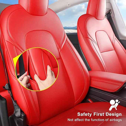 Tesla Model Y Car Seat Covers Nappa Leather Car Interior Seat Airbag Compatible Cushion Cover Full Set Custom Fit 2024 2023 2022 2021 2020, Nappa Bright Red
