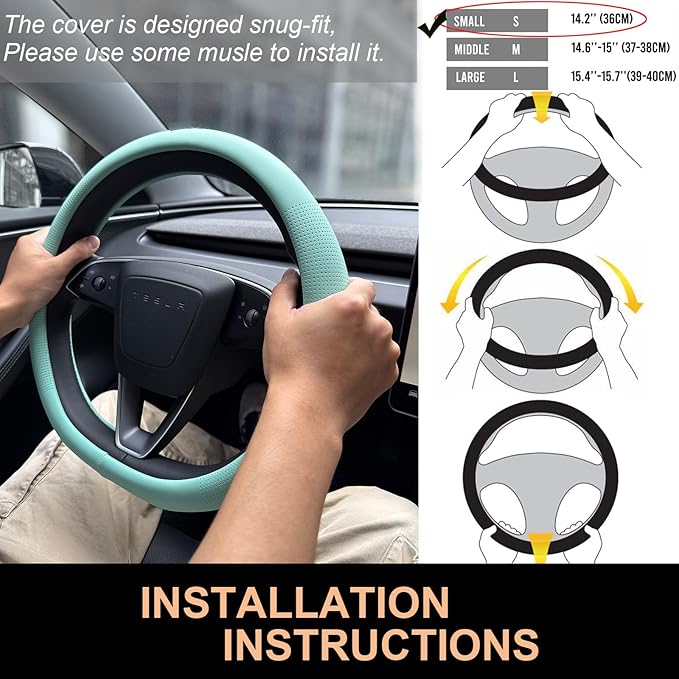 PINCTROT Nappa Leather Steering Wheel Cover for Tesla Model Y/3 Highland/Juniper, D Shaped 14 Inch Small Sized with Breathable Perforation, Fit Like Gloves, Flat Bottom 14 Inch(Nappa Mint)