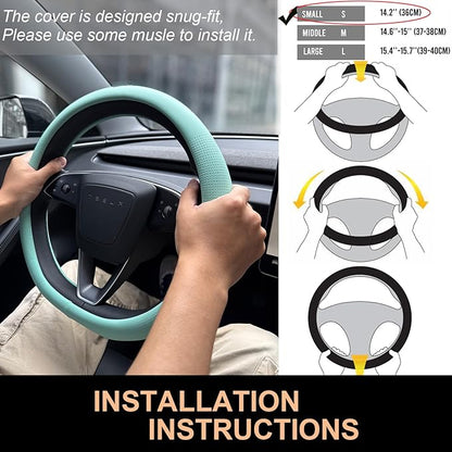 PINCTROT Nappa Leather Steering Wheel Cover for Tesla Model Y/3 Highland/Juniper, D Shaped 14 Inch Small Sized with Breathable Perforation, Fit Like Gloves, Flat Bottom 14 Inch(Nappa Mint)