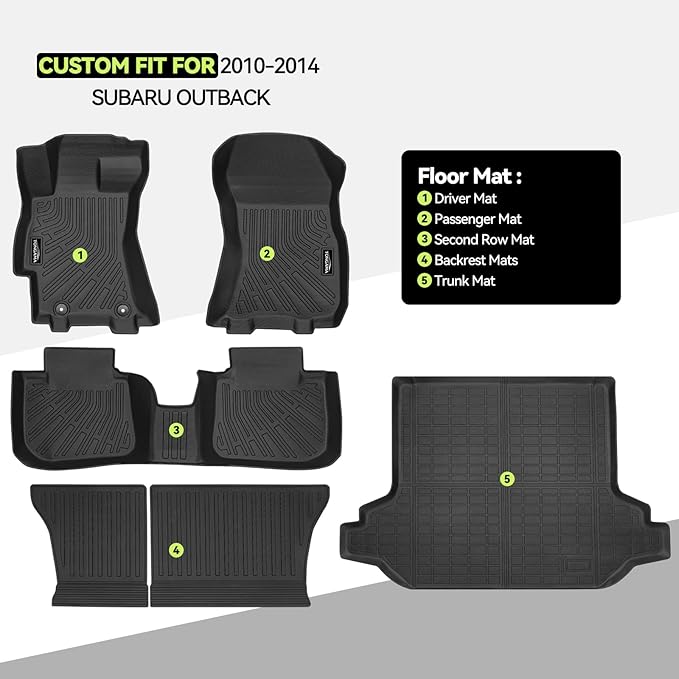 Tongama-Floor Mats for 2010-2014 Subaru Outback, All Weather TPE Floor Liners and Trunk Mat and Backrest Mats Protectors for Subaru Outback Interior Accessories