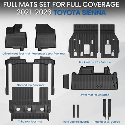 Floor Mats Set for 2021-2025 2026 Toyota Sienna (Only for 8 Seats), All Weather TPE Backrest Mat Trunk Lower Well Mat Cargo Liner Door Sill Guards Accessories (8 Seats Full Mats Set)