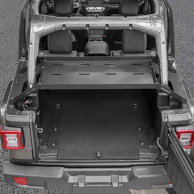 RT-TCZ Rear Trunk Cargo Rack Basket for Jeep Wrangler JKU (2007-2017) & JLU (2018+), 4 Door Interior Storage Shelf, Black Aluminum Alloy & Stainless Steel, 1PC Integrated Pallet