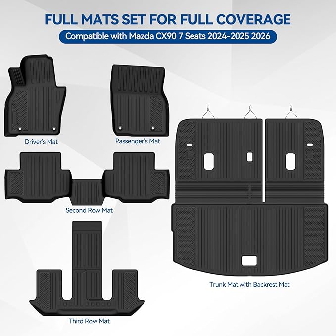 Custom Fit Floor Mats for Mazda CX90 7 Seats/Captain Seat 2024-2025 2026, All Weather TPE Floor Liners with Trunk Mat & Backrest Protectors, Odorless Full Set Interior Accessories