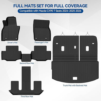 Custom Fit Floor Mats for Mazda CX90 7 Seats/Captain Seat 2024-2025 2026, All Weather TPE Floor Liners with Trunk Mat & Backrest Protectors, Odorless Full Set Interior Accessories