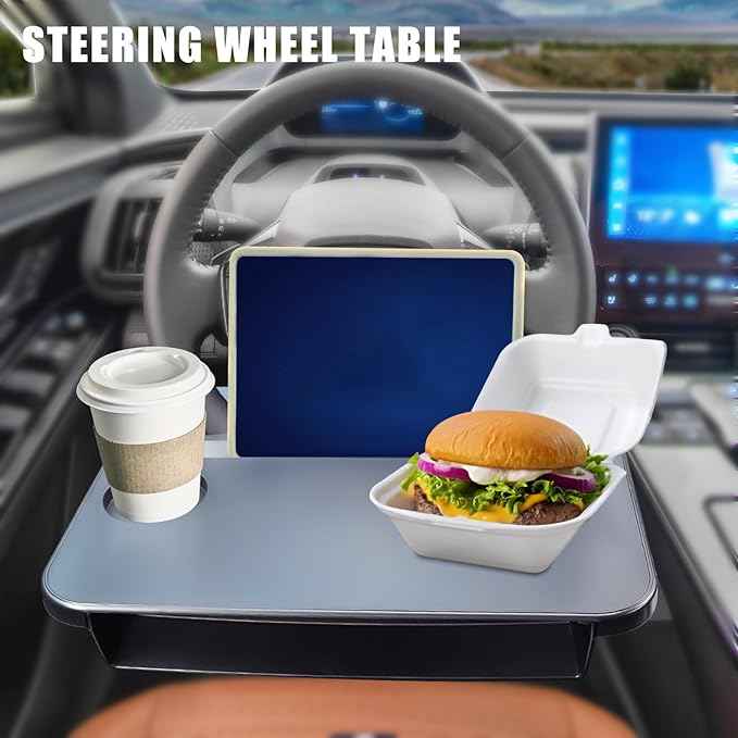 Steering Wheel Tray - 2 in 1 Car Seat Gap Filler Organizer, Multipurpose Table Tray for Eating, Drinking, Laptop