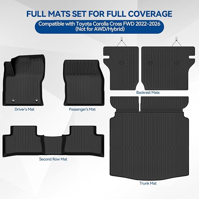 Custom Fit Floor Mats for Toyota Corolla Cross FWD 2022-2026 (Not for AWD/Hybrid), All Weather TPE Floor Liners with Trunk Mat & Backrest Protectors, Odorless Full Set Interior Accessories