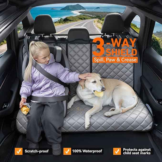 Dog Car Seat Cover for Back Seat, Waterproof Back Seat Covers for Dogs, PU Leather Nonslip Bench Car Seat Protector Universal Fit for Most Vehicles,SUVs,Small Trucks (Grey, Standard)