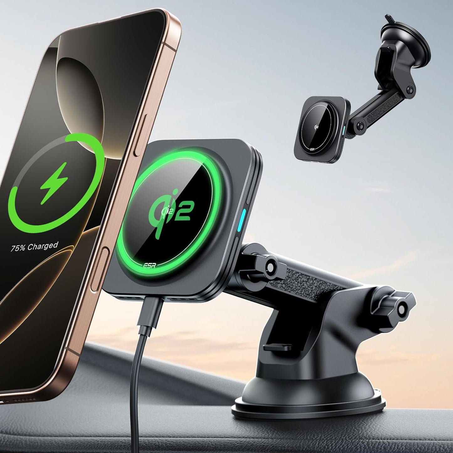 ESR for Qi2 15W MagSafe Car Mount Charger, Qi2-Certified MagSafe Car Charger, Dashboard/Windshield Magnetic Wireless Car Charging, Car Phone Mount for iPhone 16/15/14/13/12, S25, Fast Charging, Black