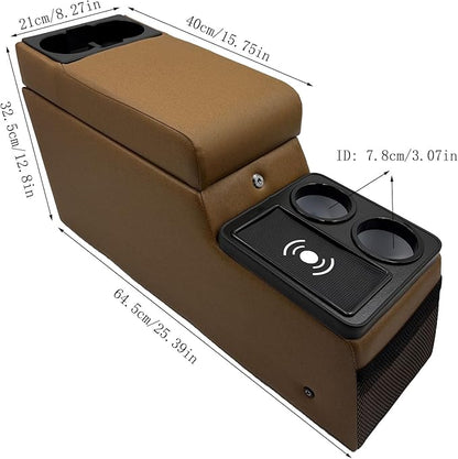 Truck Center Console Truck Seat/Bench Organizer with Wireless Charging and Holder Cups for Jeep CJ5 1976-1983,Jeep CJ7 1976-1986,Jeep Wrangler(YJ) 1987-1995 (Brown)