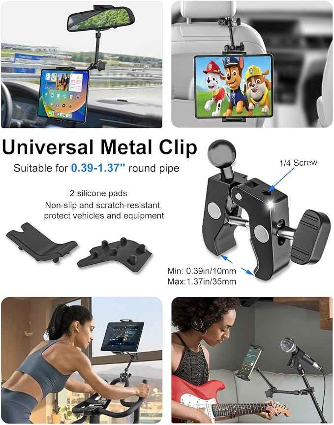 Rearview Mirror Tablet Holder for Car [Metal Magic Arm] Universal Metal Clip Rear View Mirror Tablet Mount, Rear View Mirror Phone Holder for 5.5-15.6” iPad Pro/Air/Mini, Galaxy Z, iphone16