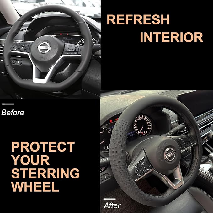 PINCTROT D Shaped Nappa Leather Steering Wheel Cover, Slim Fit No Bulk Design, One Piece Leather with Breathable Perforation, Fit Like Gloves, Flat Bottom 14.5-15 Inch(Nappa Black)