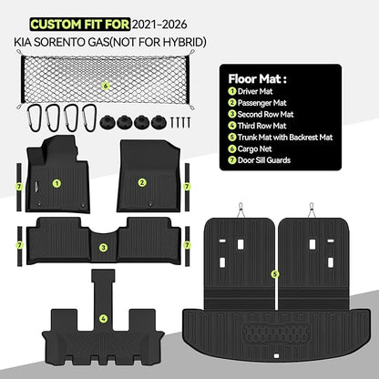 Tongama-Floor Mats for 2021-2026 Kia Sorento Gas(Not for Hybrid), All Weather TPE Trunk Mat with Backrest Mat Protectors and Cargo Net and Door Sill Guards for Kia Sorento Gas Floor Liner Accessories