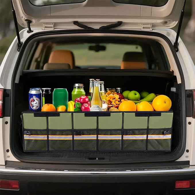 Car Trunk Organizer with Lid,Collapsible Car Storage Organizer with Multi Compartments and Securing Straps for SUV,Sedan,Jeep-Green