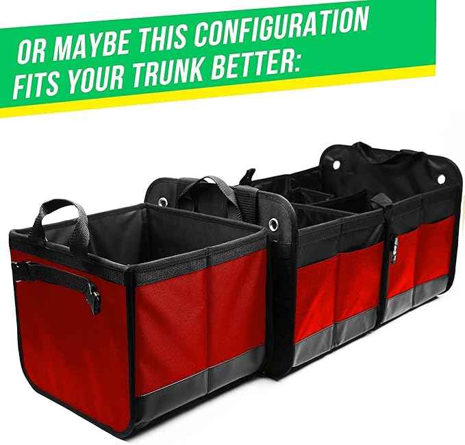 XL Trunk Organizer 3-Section Modular – Extra Large Car Storage for Groceries & Travel Gear, Multi-Compartment Foldable Cargo Bin – Red