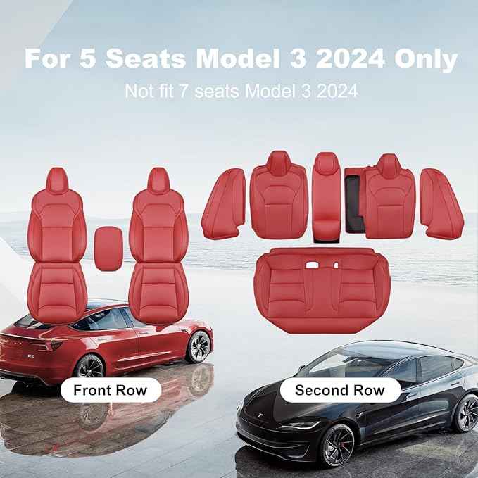 2024-2025 Tesla Model 3 Highland Upgraded Car Seat Covers Nappa Leather Car Interior Airbag Compatible Cushion Cover Full Set Custom Fit Model 3, Nappa Wine Red