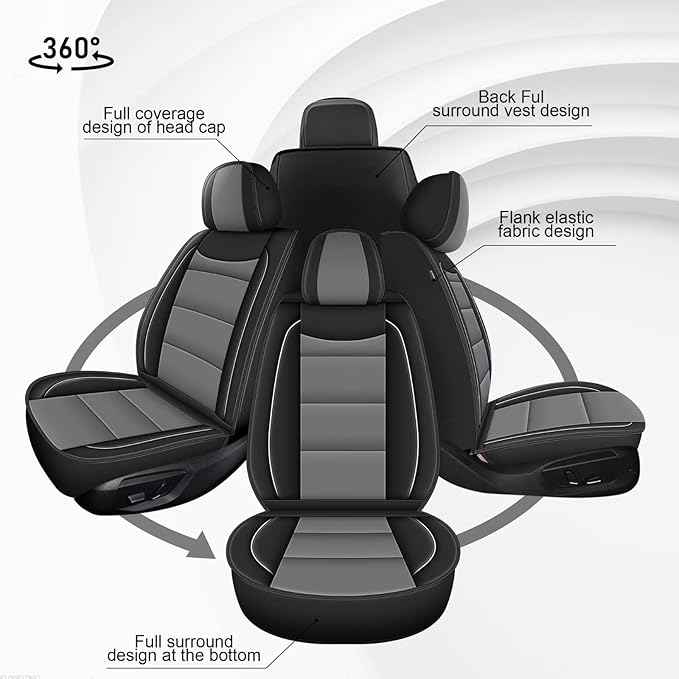 YORKNEIC Car Seat Covers Front Set for Chevrolet/Chevy Malibu 2009-2025 2026,Waterproof Faux Leather Seat Covers for Cars, Malibu Automotive Seat Cushion with Airbag Compatible (Black & Grey)