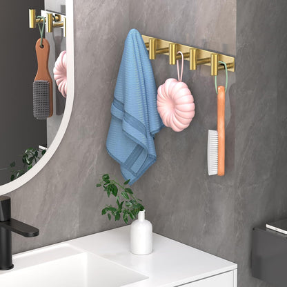 Wall Mounted Coat Rack-5 Hooks, Heavy Duty Stainless Steel Hook Rail for Towel Coat Hat Purse Bag Jacket, Towel Hooks for Entryway Bathroom Kitchen (Gold 5 Hooks - 1 Pack)