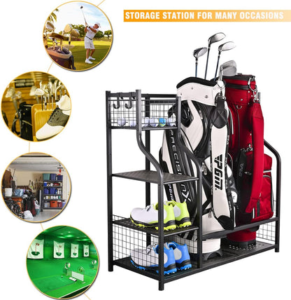 SNAIL Golf Bag Garage Storage Organizer Extra Large Size Golf Bag Rack Stand Holder Fits 2 Golf Bags and Other Golfing Equipment Accessories, Metal Black Golf Club Storage for Garage Shed and Basement