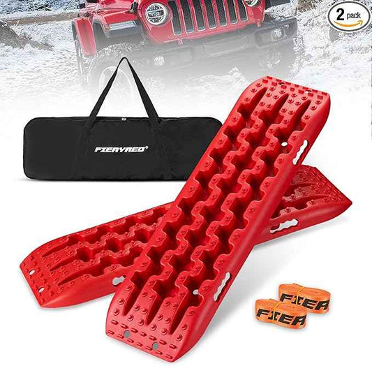 FieryRed Traction Boards Offroad, Recovery Boards with 2 Leashes and Carry Bag, 2Pcs Traction Mat Recovery Tracks for Sand Mud Snow Track Tire Ladder 4X4, Red GEN1th