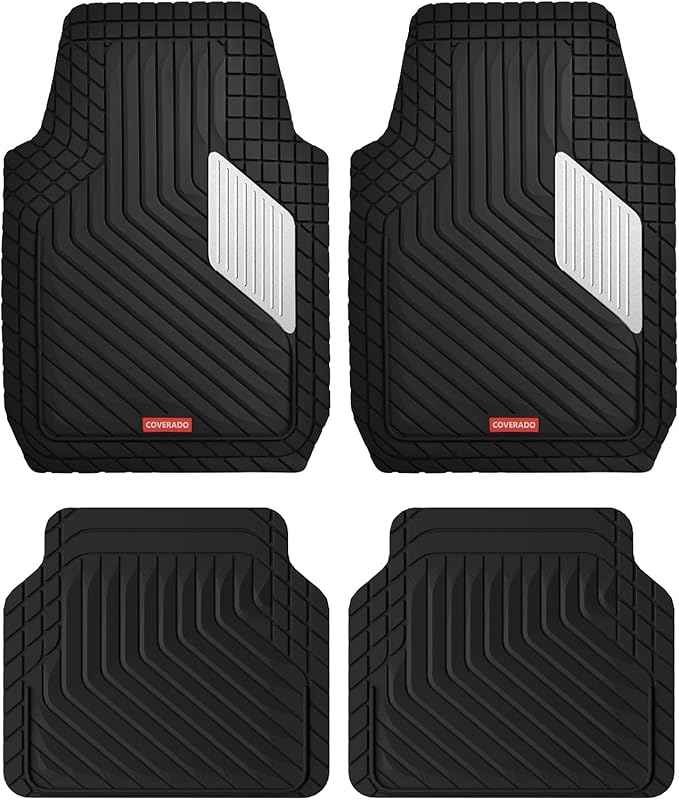 Coverado Car Floor Mats Full Set – Heavy-Duty PVC Floor Mats with Silver Metallic Heel Pad, All-Weather Protection for Front & Rear, Non-Slip Backing, Easy-Clean Interior Liners