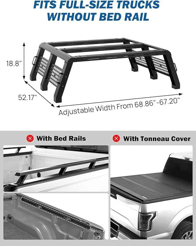 JOYTUTUS Full Size Truck Bed Rack, Overland Bed Racks for Trucks Compatible with F150 F250 F350 Silverado Sierra Ram, 18.8 Inch High Truck Bed Rack for Roof Top Tent, with Wider Molle Panel
