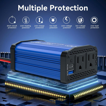 300W Car Power Inverter 12v to 110v, Car Plug in Adapter Outlet with PD 27w USB-C and Fast Charger 18w USB-A, Car Outlet Adapter, Car Converter to Outlet Plug, Power Inverters for Vehicles (Blue)