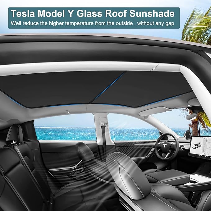 Non-Sag Roof Sunshades for Tesla Model Y 2025, Upgraded Foldable Sunroof Shade Sunshade Roof Sun Shade for Tesla Model Y Accessories 2021-2025 (Not fit 2025-2026 Juniper)