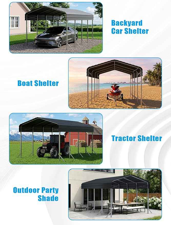 12x20Ft Heavy Duty Metal Carport – Outdoor Galvanized Garage, Sturdy Structure, All-Weather Protection, Easy Assembly for Cars, Trucks, Boats, Tractors, and Outdoor Storage (Grey, 12x20FT)