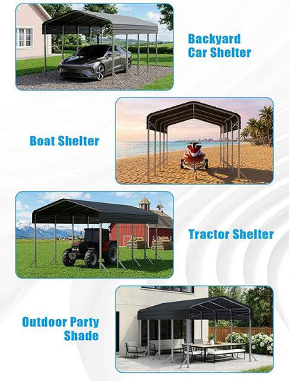 12x20Ft Heavy Duty Metal Carport – Outdoor Galvanized Garage, Sturdy Structure, All-Weather Protection, Easy Assembly for Cars, Trucks, Boats, Tractors, and Outdoor Storage (Grey, 12x20FT)