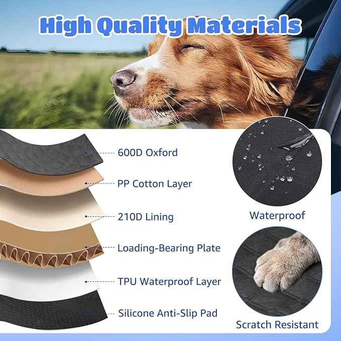 Nobleza Dog Car Seat Cover for Large Dogs, Hard Bottom Waterproof Backseat Extender with Mesh Window & Pocket, 400lbs Heavy Duty Anti-Scratch Non-Slip Pet Hammock for SUV Truck Cars