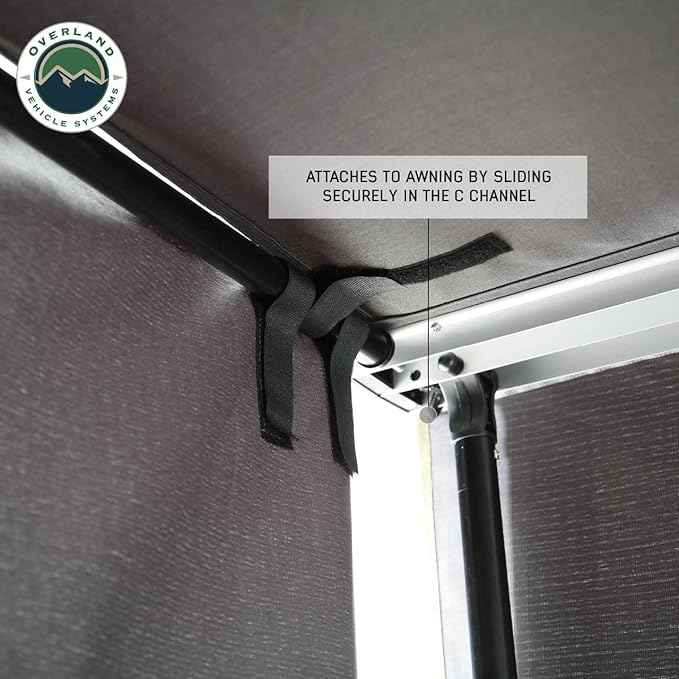 Overland Vehicle Systems HD Nomadic 6.5’ Awning Shade Wall - 280G Poly Cotton Rip Stop Grey Body, Green Trim - C Channel Attachment - Included Storage Bag
