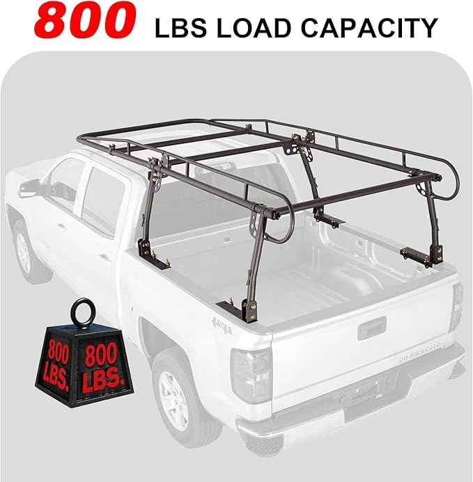 Rockland Universal Full-Size Steel Over-Cab Truck Rack, 800 LBS Capacity, 136.5" x 55" x 34.25", 49"-64" Adjustable Truck Bed Width, Extendable Truck Ladder Rack with None Drilling C-Clamps