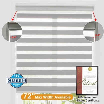 Persilux Cordless Zebra Blinds for Windows Free-Stop Roller Windows Shades (72" W X 72" H, Grey) Dual Layer Light Control for Day and Night, Light Filtering Sheer Shades for Home