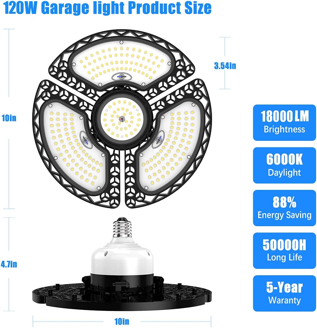 LED Garage Light 120W Deformable LED Ceiling Lights 18000 Lumens Led Shop Lights for Garage