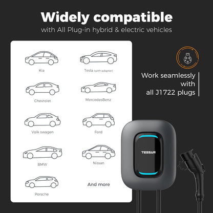 EV Charger Level 2, TESSAN 40A/240V Electric Vehicle Fast Charging Station for Home, Electric Car Charger Equipment 25ft Cable with Holder for Indoor, Outdoor, NEMA 14-50 Plug