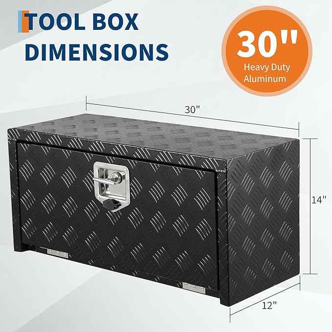 30 Inch Heavy Duty Aluminum Underbody Tool Box, Single Lock, Waterproof Square Truck Storage Chest for Pickup Bed, RV Trailer, Durable Organizer (30" X 12" X 14" - Black) – Rust-Resistant, Secure