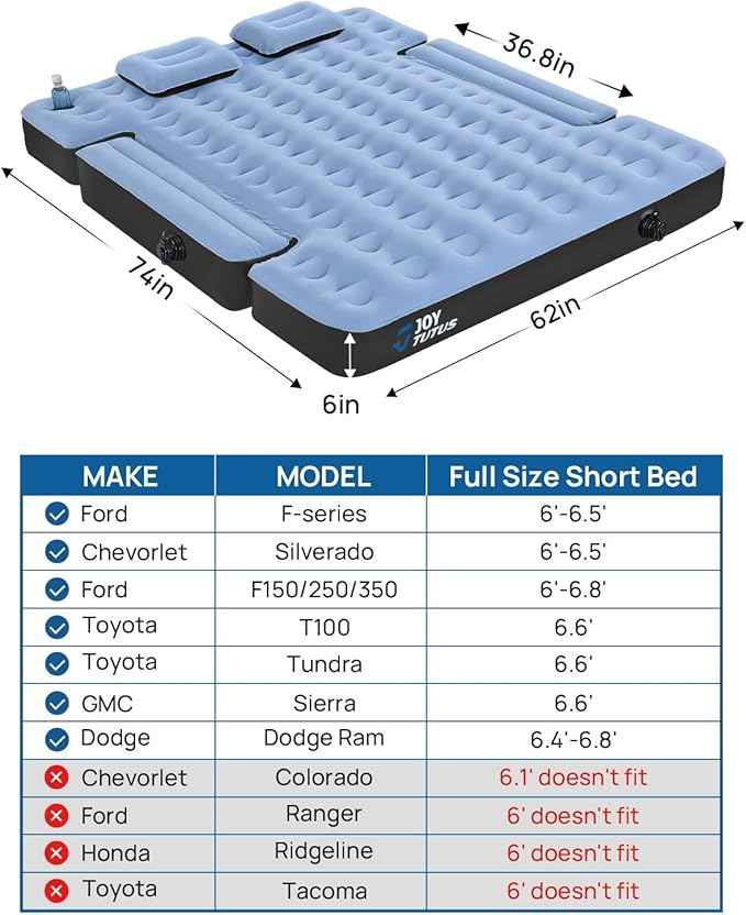 JOYTUTUS 6.4-6.7Ft Truck Bed Air Mattress with Built-in Cup Holder,Thickened Inflatable Full Size Regular Truck Beds, with Air Pump&2 Pillows
