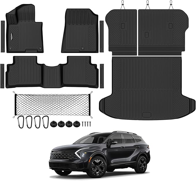 Tongama-Floor Mats for 2023-2025 Kia Sportage Gas, All Weather TPE Trunk Mat and Backrest Mats Protector and Cargo Net and Door Sill Guards for Kia Sportage Floor Liner Accessories