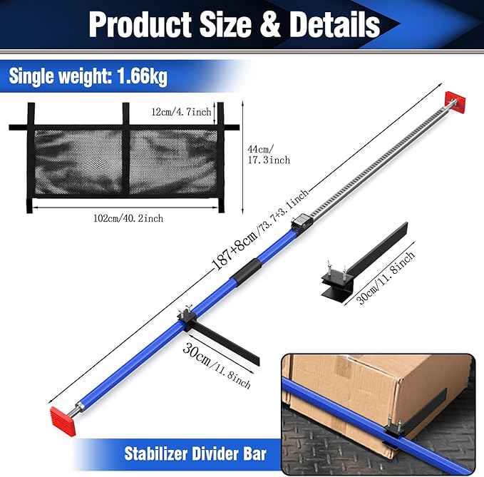 3-H Truck Cargo Bar, 43"-77" Adjustable Support Pole All Metal,Cabinet Jack,Truck Bed Divider with Self-Locking Spring Ratchet - Load Lock Bar for Vans, SUVs & Trucks,Blue, 1pc & Divider Bar+Net