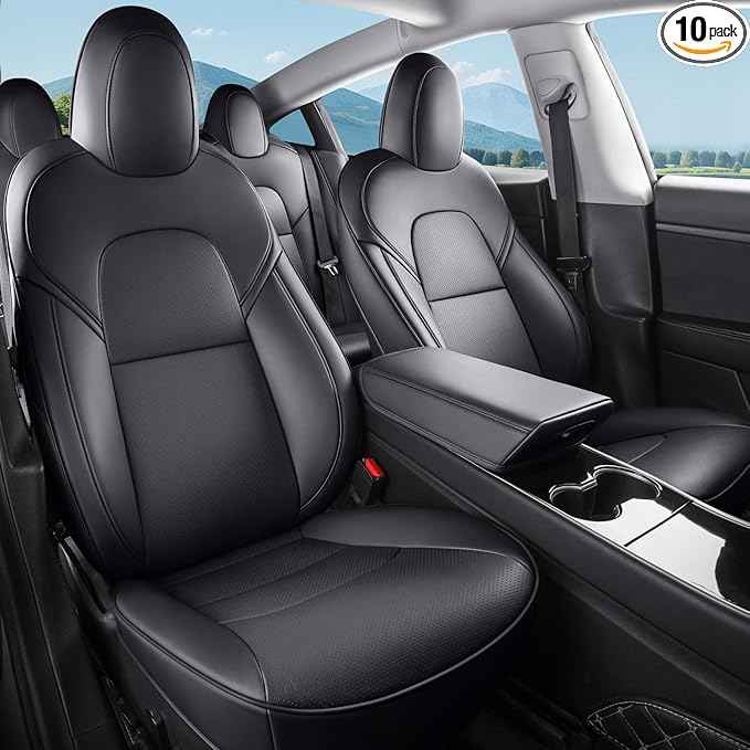 Tesla Model 3 Car Seat Covers Nappa Leather Car Interior Seat Airbag Compatible Cushion Cover Full Set Custom Fit 2023 2022 2021 2020 2019 2018, Nappa Black