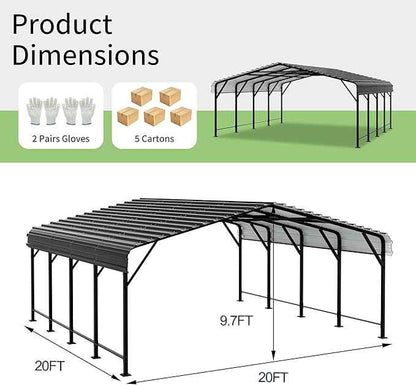Shintenchi 20x20 FT Metal Carport, Oversized Carport Garage with Enhanced Base, Outdoor Galvanized Car Shelter, Heavy Duty Carports Canopy, for Car, Boats and Tractors, Grey