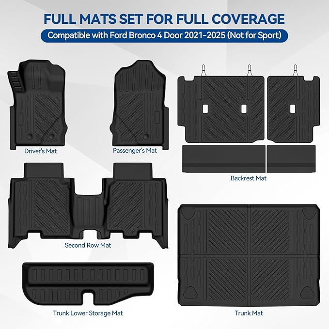 Custom Fit Floor Mats for Ford Bronco 4 Door 2021-2025 (Not for Sport), All Weather TPE Floor Liners & Trunk Mat & Trunk Lower Storage Mat & Backrest Protectors, Full Set Interior Accessories